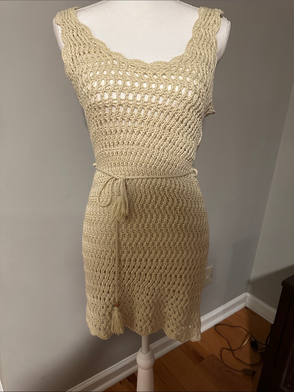Lulu's Cream Crochet Sleeveless Dress with Tassel Belt